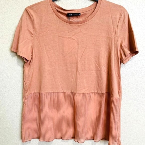 ZARA peach top short sleeve half sheer pleat on front top size S boho normcore - Picture 1 of 9